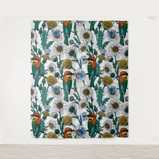 Bijeneters, blauwe vlinders en zeeduivel op wit wandkleed (Voorkant)