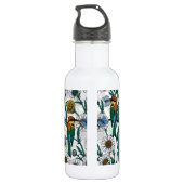 Bijeneters, blauwe vlinders en zeeduivel op wit waterfles  (Achterkant)