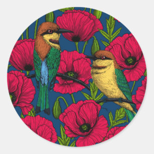 Bijeneters en papavers ronde sticker
