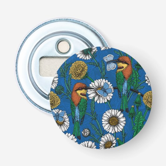 Bijeneters op blauw button flesopener (Voorkant)