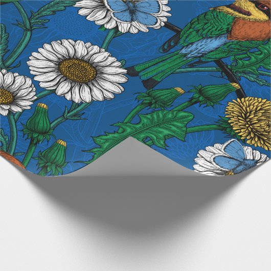 Bijeneters op blauw cadeaupapier (Hoek)