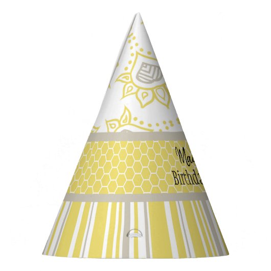 bijengeel en grijs geometrisch feesthoedjes (Links)