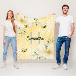 Bijengele floralen honingraat monogrammen fleece deken