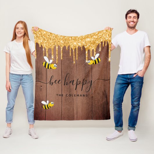 Bijengelukkige bijen monogram bruine schuur fleece deken (In situ)