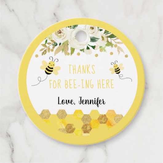 Bijengoud Floral Gender Neutral Baby shower Bedankjes Labels (Voorkant)