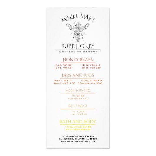 Bijenhouderij Custom Apiary Honing Menu (Voorkant)