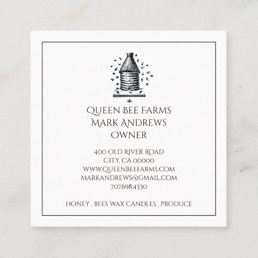  bijenimkerkorf met bijenapiarist vierkante visitekaartje (Achterkant)