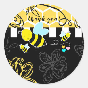 Bijenjong zwart en geel babyshower modern chic ronde sticker