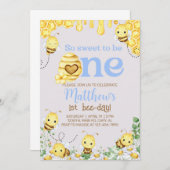 Bijenjongen 1e verjaardag uitnodiging, hommel, hon kaart (Voorkant / Achterkant)