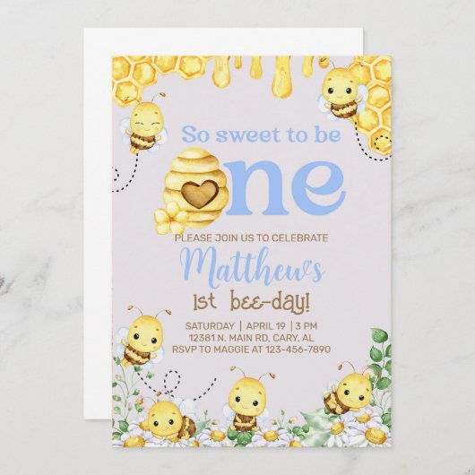 Bijenjongen 1e verjaardag uitnodiging, hommel, hon kaart (Voorkant / Achterkant)