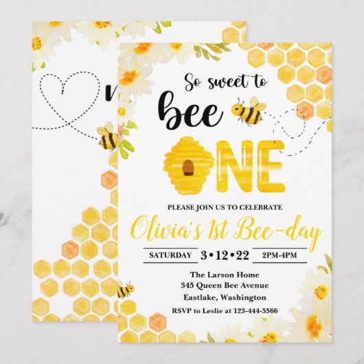 Bijenkomst uitnodiging voor geboorte: 1e verjaarda (Voorkant / Achterkant)