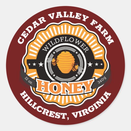 Bijenkorf Embleem Honing Jar Donkerrood Ronde Sticker (Voorkant)