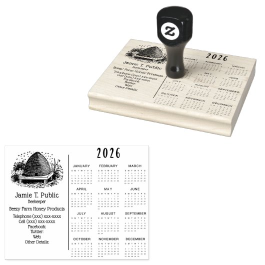 Bijenkorf en bijen & jaarkalender 2026 rubberstempel (Gestempeld)