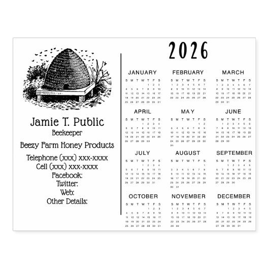 Bijenkorf en bijen & jaarkalender 2026 rubberstempel (Afrduk)