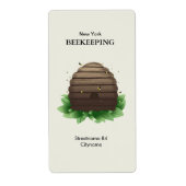 Bijenkorf en bijen op groene bladeren etiket (Voorkant)