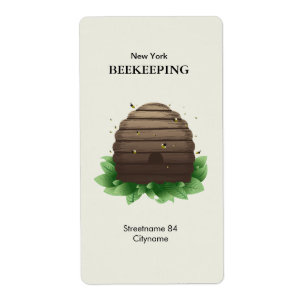 Bijenkorf en bijen op groene bladeren etiket