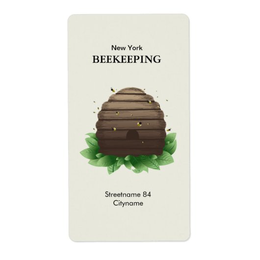 Bijenkorf en bijen op groene bladeren etiket (Voorkant)