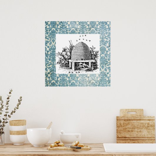  bijenkorf en blauw Damask Poster (Keuken)