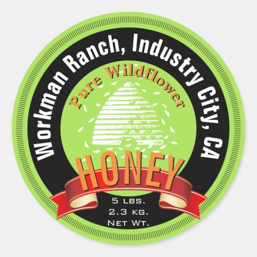 Bijenkorf en Custom Ronde Tekst Honing Jar Sticker (Voorkant)