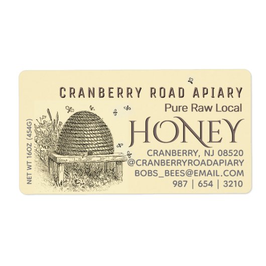  bijenkorf met bijen honing verzending sized geel etiket (Voorkant)