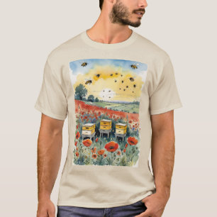 Bijenkorven en bijen in een klaprozenveld bij zons t-shirt