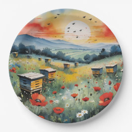 Bijenkorven en rode papavers bij zonsopgang papieren bordje