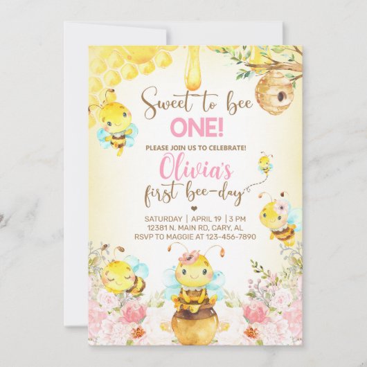 Bijenmeisje 1e verjaardag uitnodigen, hommel, honi kaart (Voorkant)