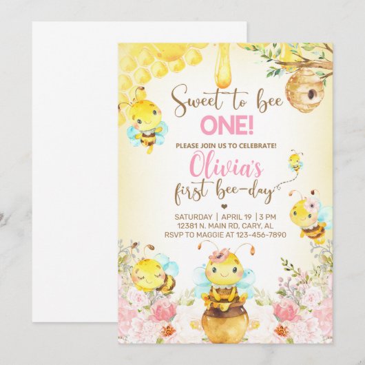 Bijenmeisje 1e verjaardag uitnodigen, hommel, honi kaart (Voorkant / Achterkant)
