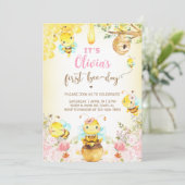 Bijenmeisje 1e verjaardag uitnodigen, hommel, honi kaart (Staand voorkant)