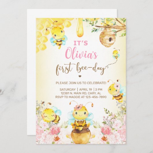 Bijenmeisje 1e verjaardag uitnodigen, hommel, honi kaart (Voorkant / Achterkant)
