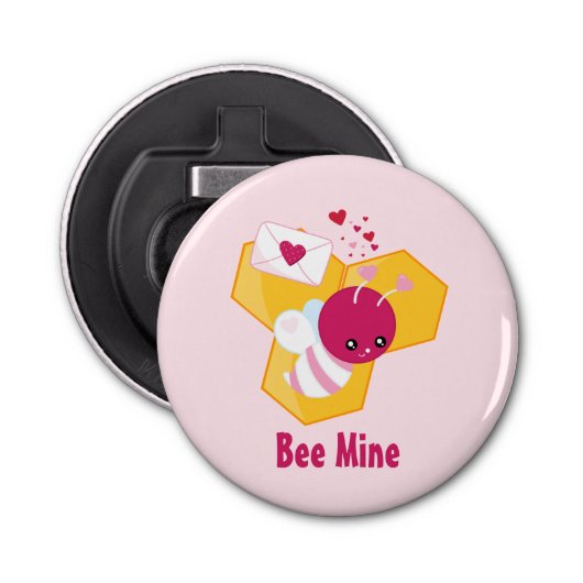 Bijenmijn Cute Bee met roze Valentijn Hearts Button Flesopener (Voorkant)