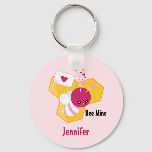 Bijenmijn Cute Bee met roze Valentijn Hearts Sleutelhanger (Voorkant)