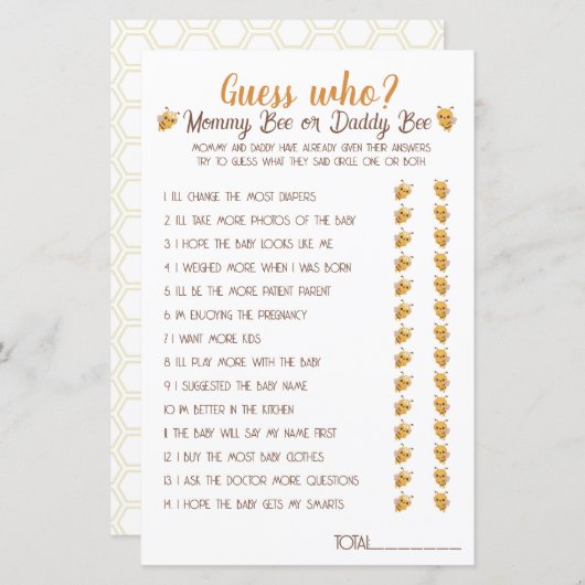 Bijenspel Baby shower. Raad eens wie? (Voorkant / Achterkant)