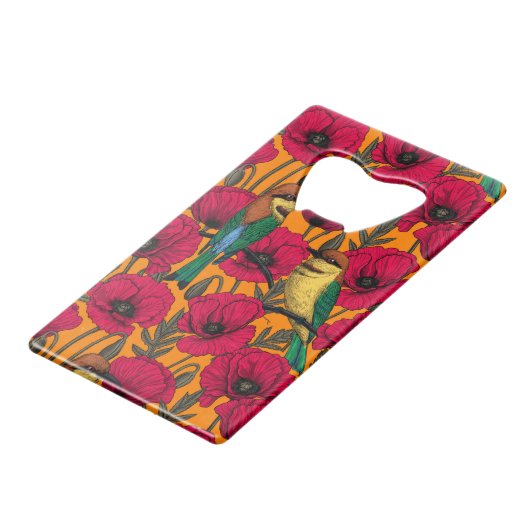 Bijentjes en papaver op sinaasappel creditkaart flessenopener (Voorkant Gekanteld)