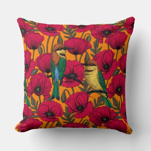 Bijentjes en papaver op sinaasappel kussen (Voorkant)