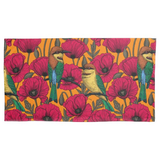 Bijentjes en papaver op sinaasappel kussensloop (Voorkant-Links)