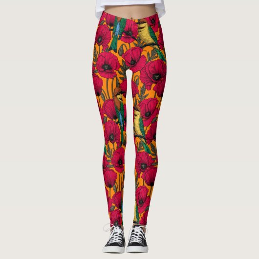 Bijentjes en papaver op sinaasappel leggings (Voorkant)