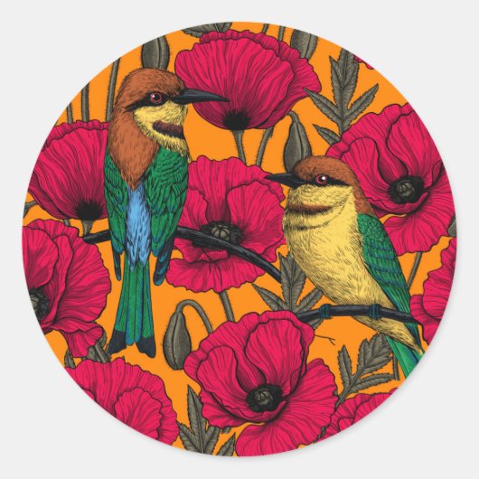 Bijentjes en papaver op sinaasappel ronde sticker (Voorkant)