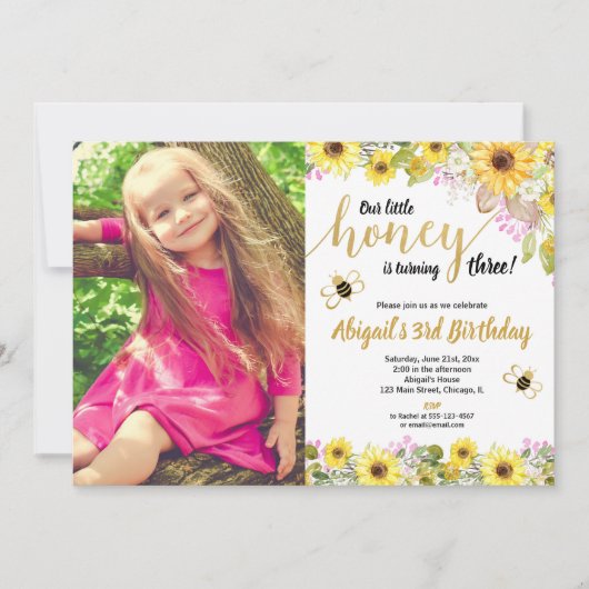 Bijenverjaardag gele roze florale zonnebloemen fot kaart (Voorkant)
