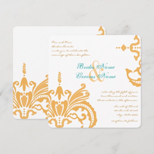 Bijenwas en Blauwe Curaçao Floral Damask-uitnodigi Kaart (Voorkant / Achterkant)