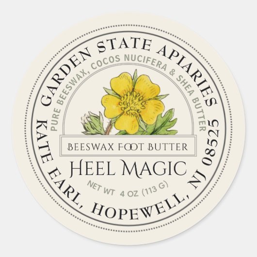 Bijenwas Heel Butter  geel bloemenlabel Ronde Sticker (Voorkant)