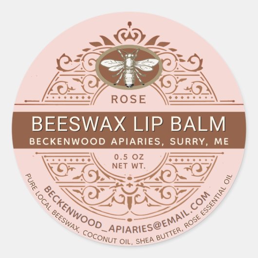  bijenwas Lip Balm Heraldic Bee Roos Ronde Sticker (Voorkant)