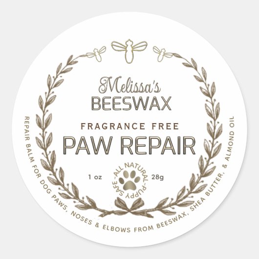 Bijenwas Paw Repair Balm Puppy Safe Logo en bijen Ronde Sticker (Voorkant)