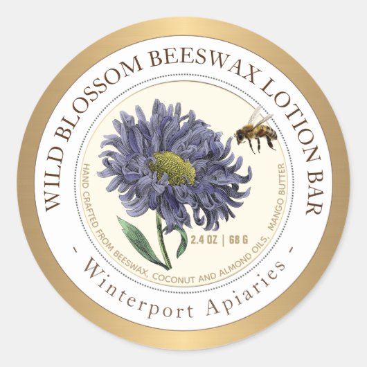 Bijenwas Productlabel met Bee Flower Gold Ronde Sticker (Voorkant)