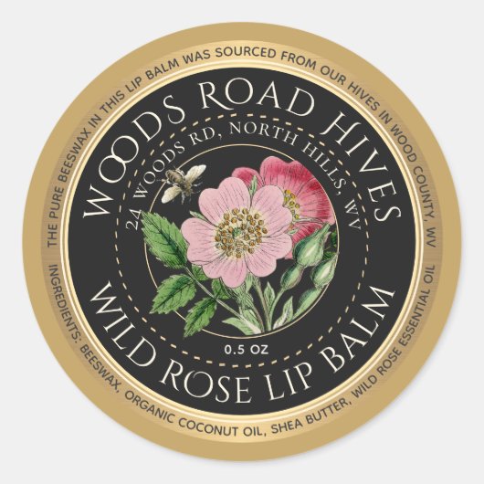 Bijenwas Wild Roos Honingbij Lip Balm Gouden Rand Ronde Sticker (Voorkant)