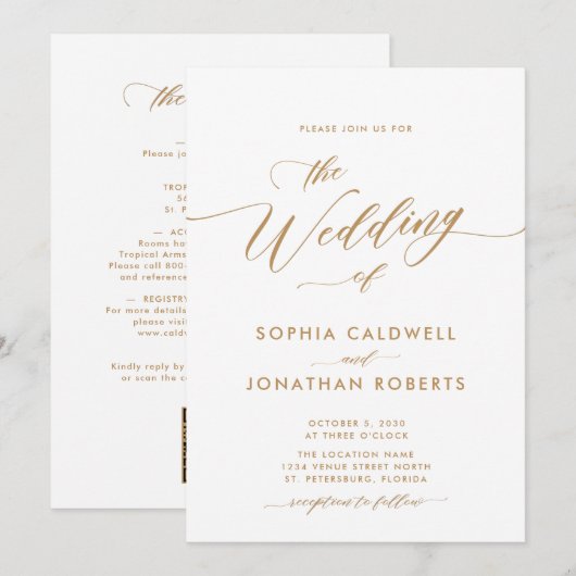 Bijgewerkte All in One Goud Calligrafie Bruiloft Kaart (Voorkant / Achterkant)