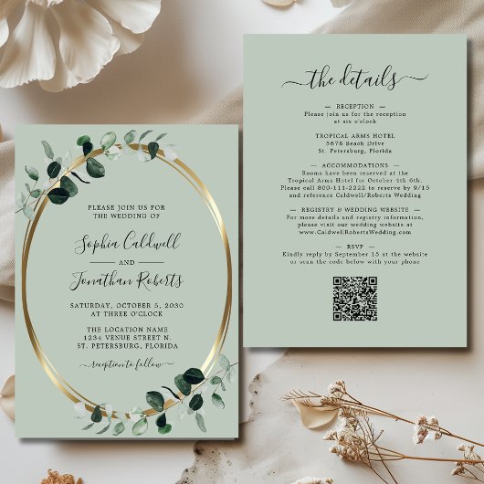 Bijgewerkte Eucalyptus Gold Sage All in One Weddin Kaart