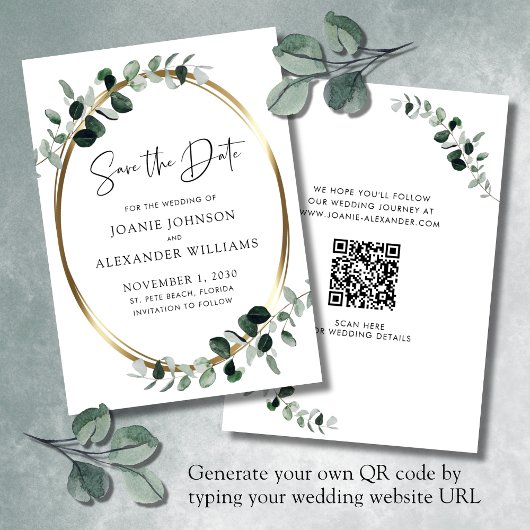 Bijgewerkte QR-code Eucalyptus Greenery Gold Save The Date