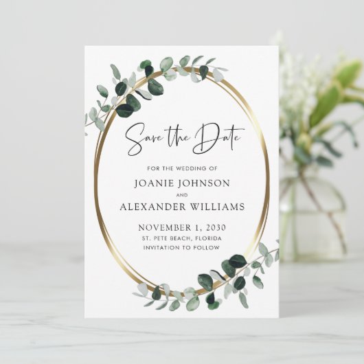 Bijgewerkte QR-code Eucalyptus Greenery Gold Save The Date (Staand voorkant)