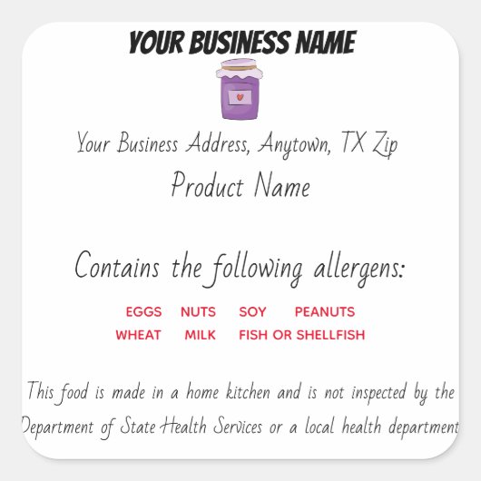 Bijgewerkte Texas Cottage Law Food Label sticker (Voorkant)